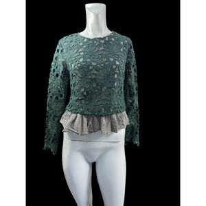 Women's Maeve S Black/white Check &‎ Green Floral  Overlay Top Preowned